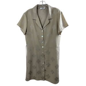 Vintage ADH Taupe Short Sleeve Button Front A-line Dress Tie Waist Collared